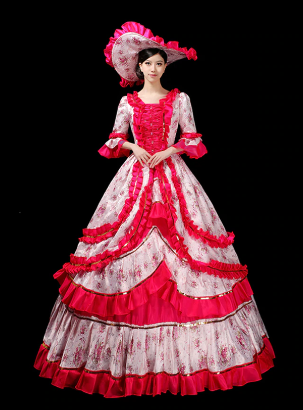 Fuchsia Half Sleeve Print 3/4 Sleeve Victorian Costume Dress