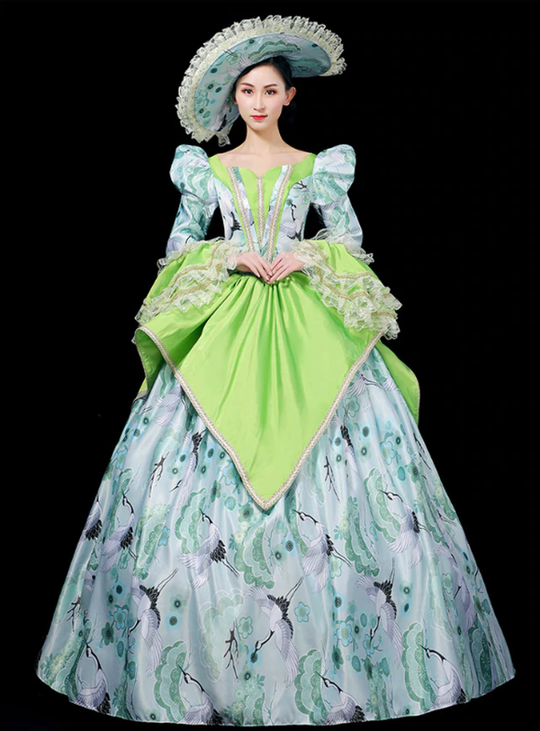 Blue Satin Print Long Sleeve Baroque Maria Vintage Gown Dress