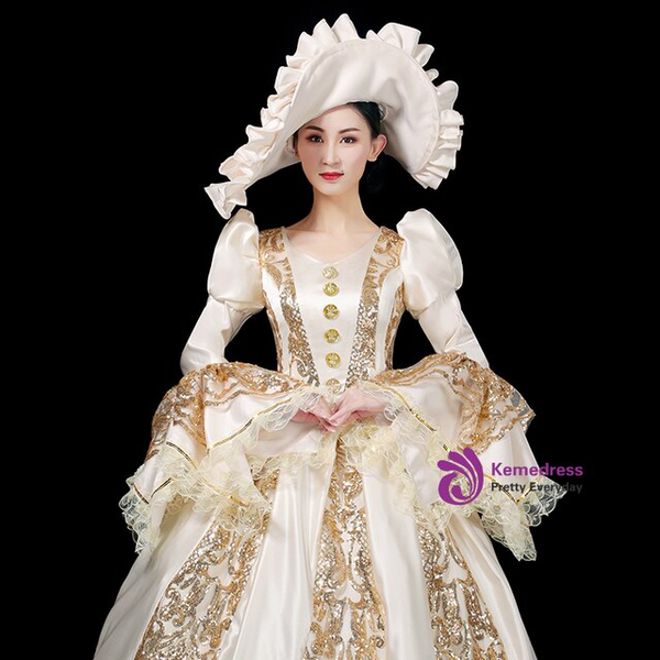 Champagne Gold Satin Long Sleeve Lace Sequins Appliques Baroque Victorian Party Dress