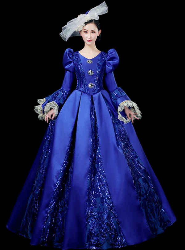 Blue Satin Long Sleeve Seuqins Appliques Costume Masquerade Dress