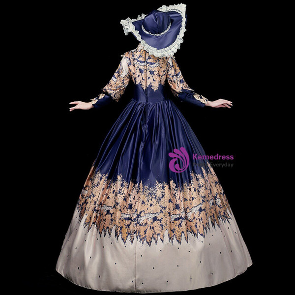 Blue Satin High Neck Print Long Sleeve Baroque Party Costume Dress