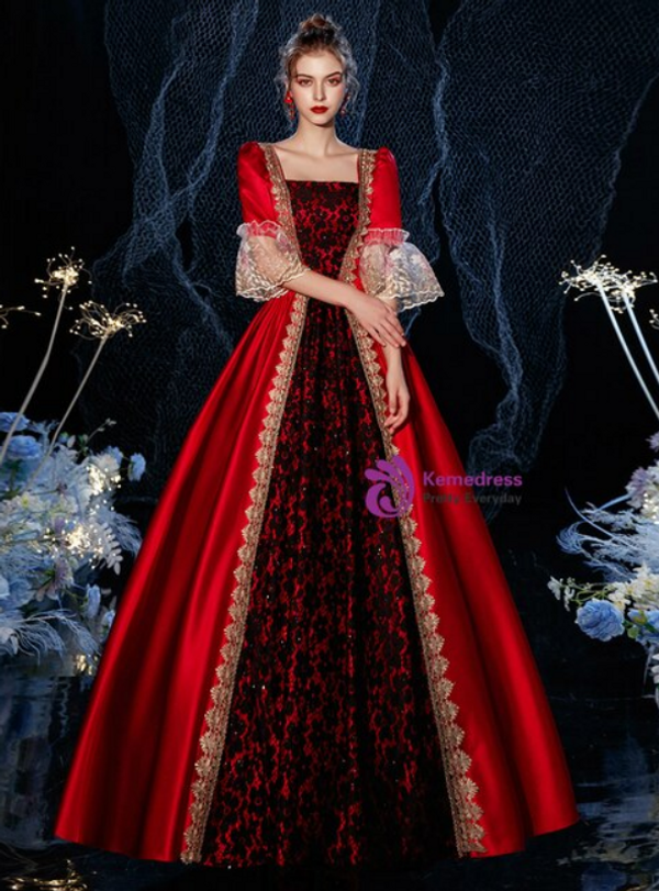 Burgundy Satin Lace Short Sleeve Baroque Costume Vintage Gown Dress