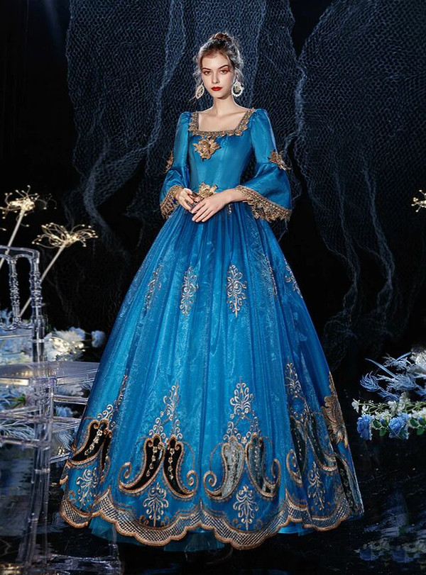 Blue Long Sleeve Appliques Square Rococo Baroque Vintage Gown Dress