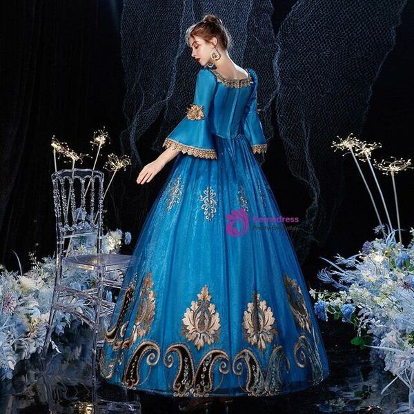 Blue Long Sleeve Appliques Square Rococo Baroque Vintage Gown Dress