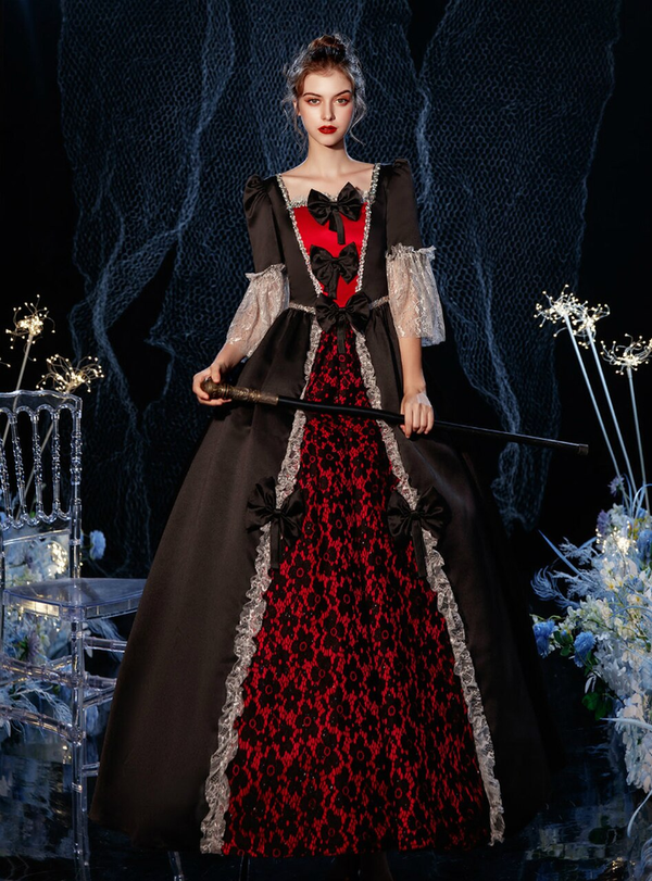 Black Ball Gown Satin Short Sleeve Bow Rococo Baroque Vintage Gown Dress