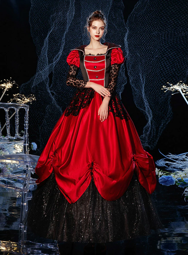 Burgundy Satin Black Sequins Long Sleeve Halloween Drama Show Dress