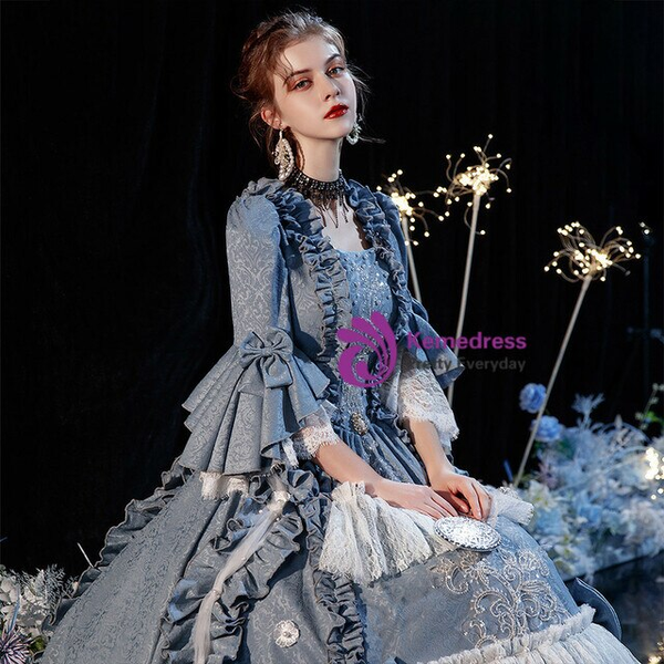 Blue Gray Lace Long Sleeve Party Costume Victorian Dress 