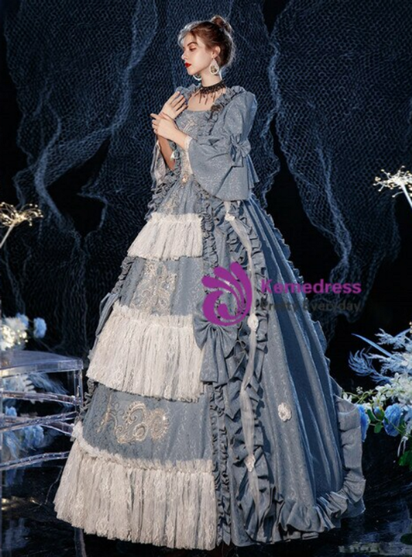 Blue Gray Lace Long Sleeve Party Costume Victorian Dress 