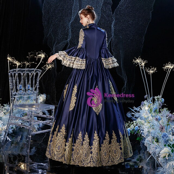 Navy Blue  Ball Gown Satin Appliques Antonietta Rococo Victorian Dress