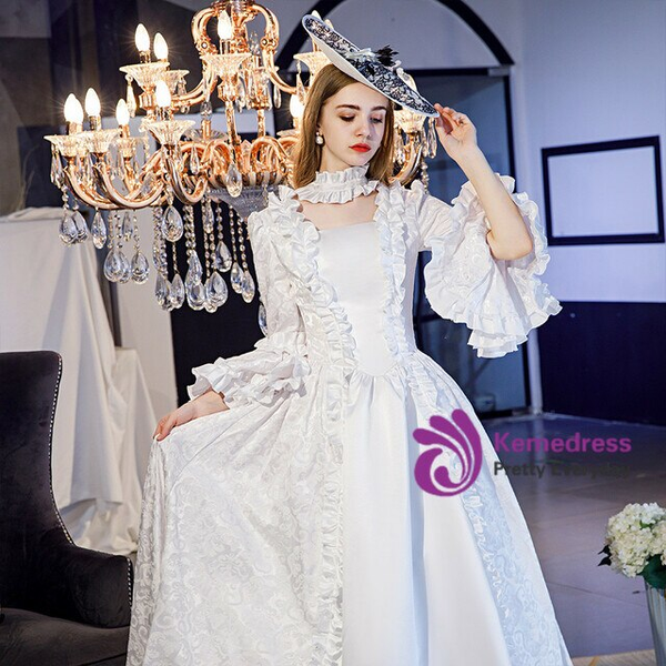 White Satin Long Sleeve Vintage Gown Victorian Dress