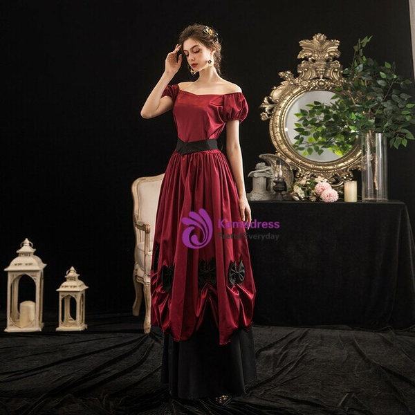 Burgundy Black Satin Off the Shoulder Vintage Dress