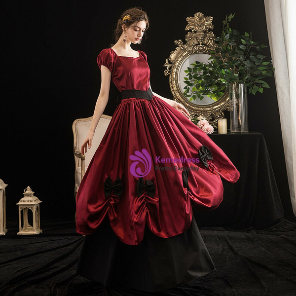 Burgundy Black Satin Off the Shoulder Vintage Dress