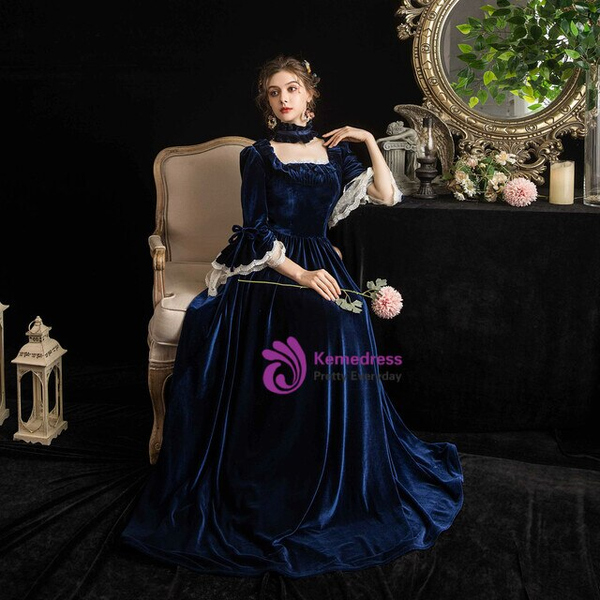 Navy Blue Velvet Long Sleeve Square Vintage Gown Party Dress