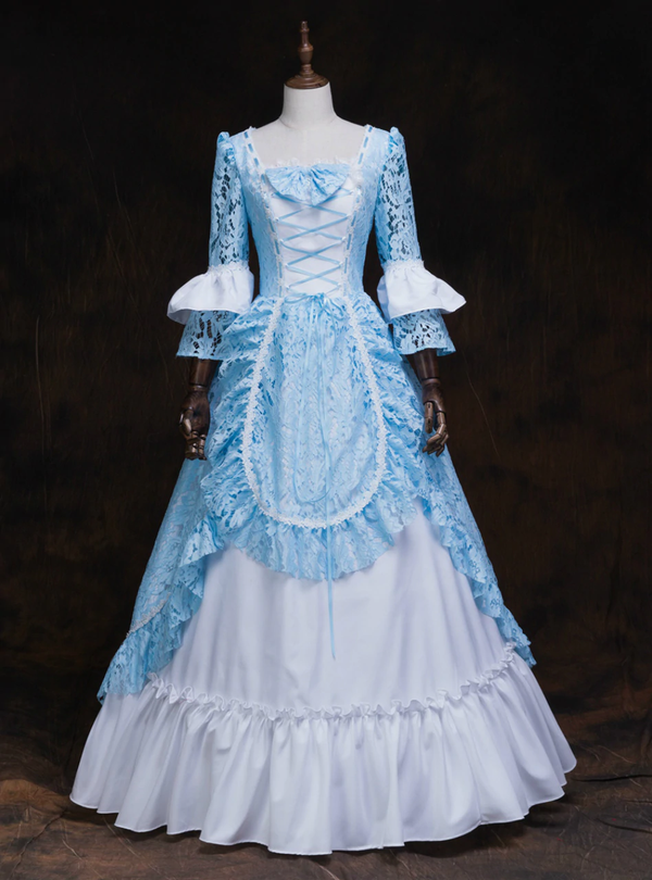 Blue Lace White Satin Square Long Sleeve Victorian Party Dress 