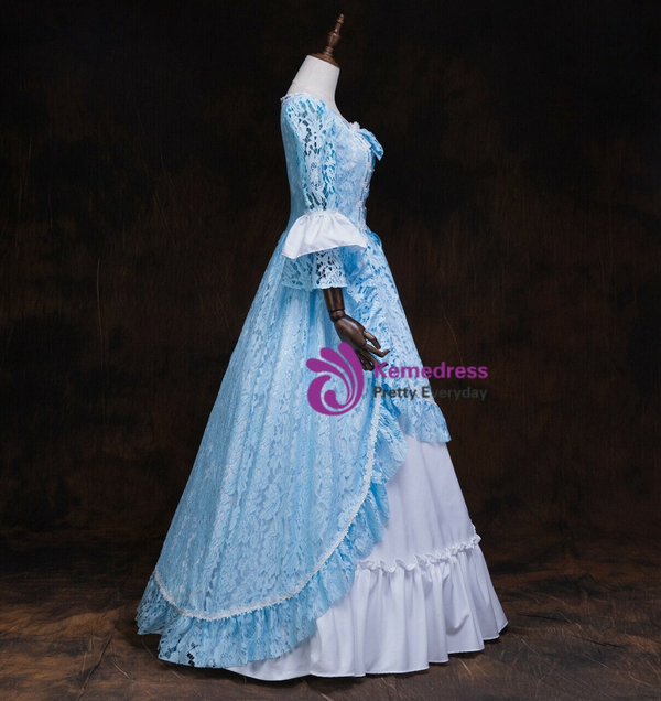 Blue Lace White Satin Square Long Sleeve Victorian Party Dress 