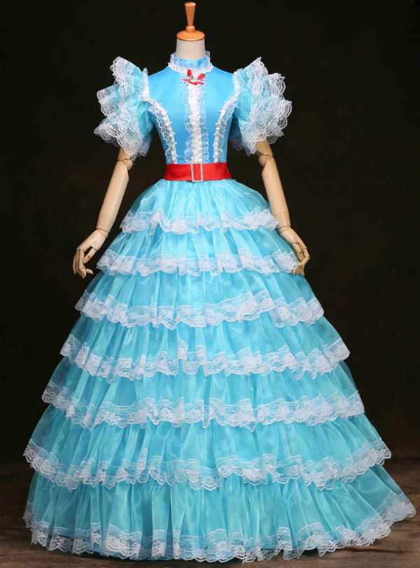 Blue Tulle Tiers Puff Sleeve High Neck Maria Antonietta Baroque Dress