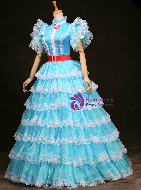 Blue Tulle Tiers Puff Sleeve High Neck Maria Antonietta Baroque Dress
