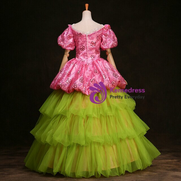 Pink Green Tulle Sequins Puff Sleeve Rococo Baroque Vintage Dress