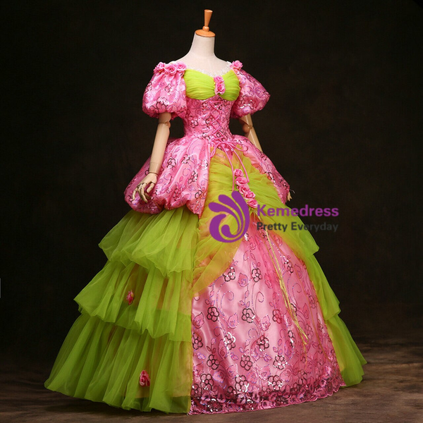 Pink Green Tulle Sequins Puff Sleeve Rococo Baroque Vintage Dress