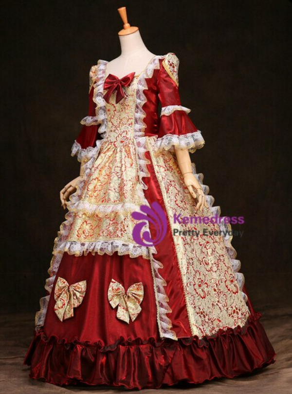 Burgundy Satin Lace Short Sleeve Bow Vintage Baroque Victorian Dress