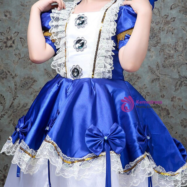 Blue Lace Satin Puff Sleeve Bow Victorian Vintage Gown Dress