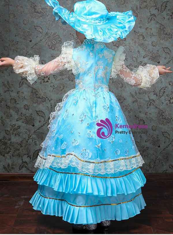 Blue Satin High Neck Appliques Long Sleeve Rococo Baroque Vintage Gown Dress