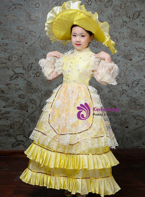 Yellow Satin Lace Appliques Long Sleeve Pearls Drama Show Masquerade Dress