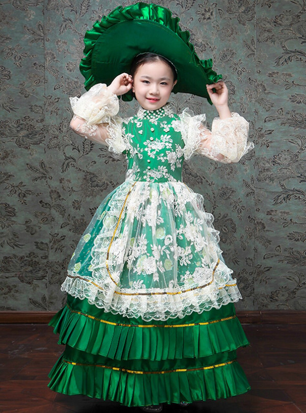 Green Satin Lace Appliques Long Sleeve Pearls Baroque Vintage Dress