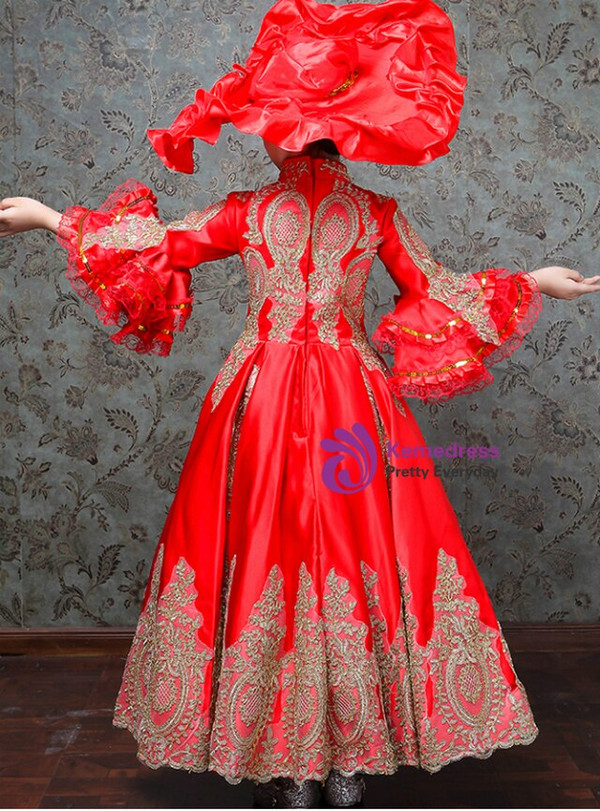 Red Satin Appliques Puff Sleeve Victorian Vintage Gown Dress