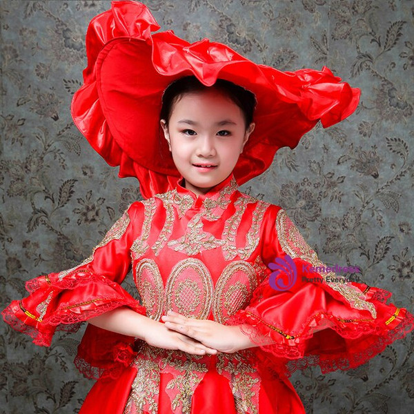 Red Satin Appliques Puff Sleeve Victorian Vintage Gown Dress