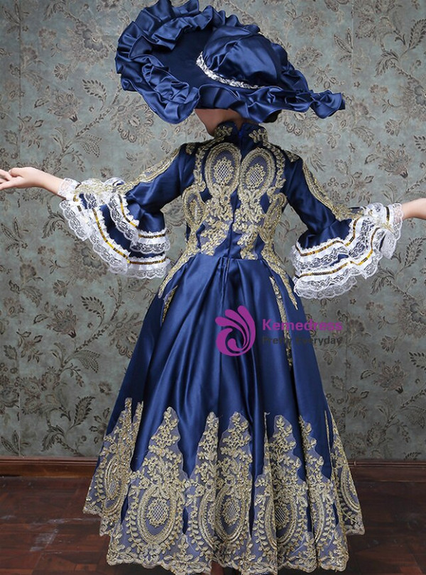Navy Blue Satin Appliques Puff Sleeve Pearls Drama Show Dress