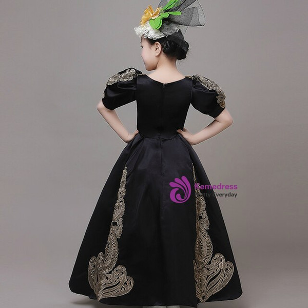 Black Satin Appliques Drama Show Baroque Party Dress