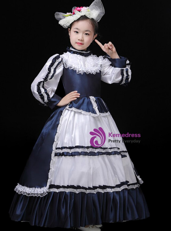 Navy Blue Satin Long Sleeve Dress Rococo Baroque Party Vintage Dress