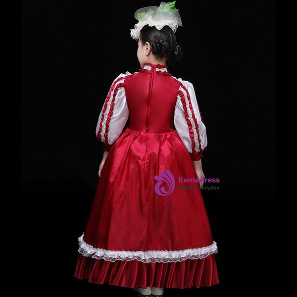 Dark Red Satin Long Sleeve High Neck Rococo Baroque Palace Dress