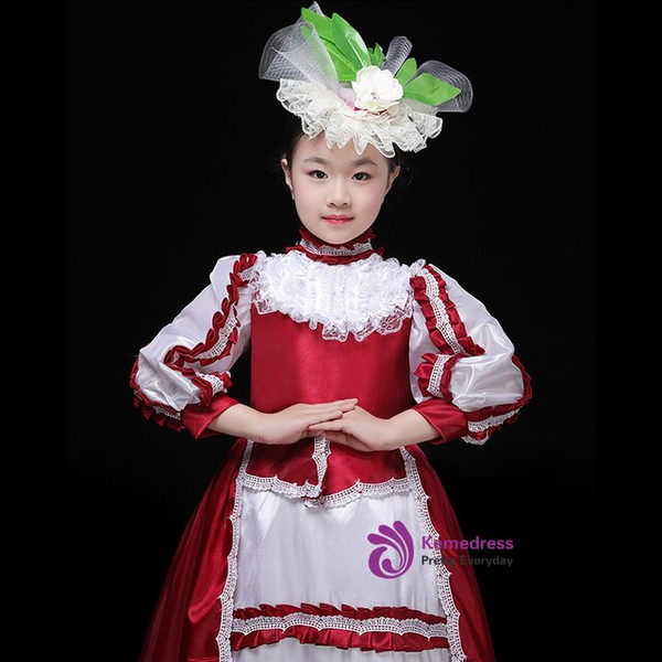 Dark Red Satin Long Sleeve High Neck Rococo Baroque Palace Dress