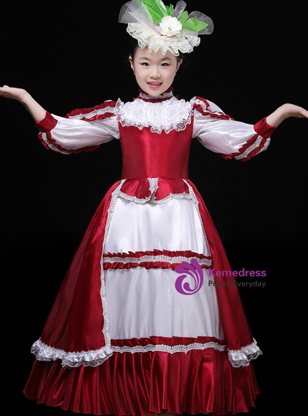 Dark Red Satin Long Sleeve High Neck Rococo Baroque Palace Dress