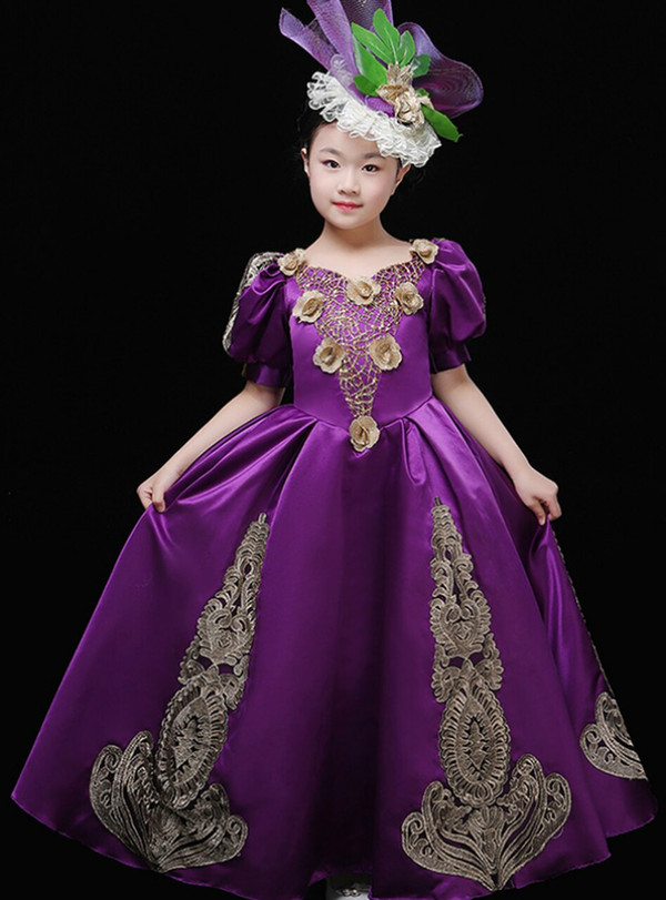 Purple Satin Puff Sleeve Appliques Rococo Vintage Gown Dress