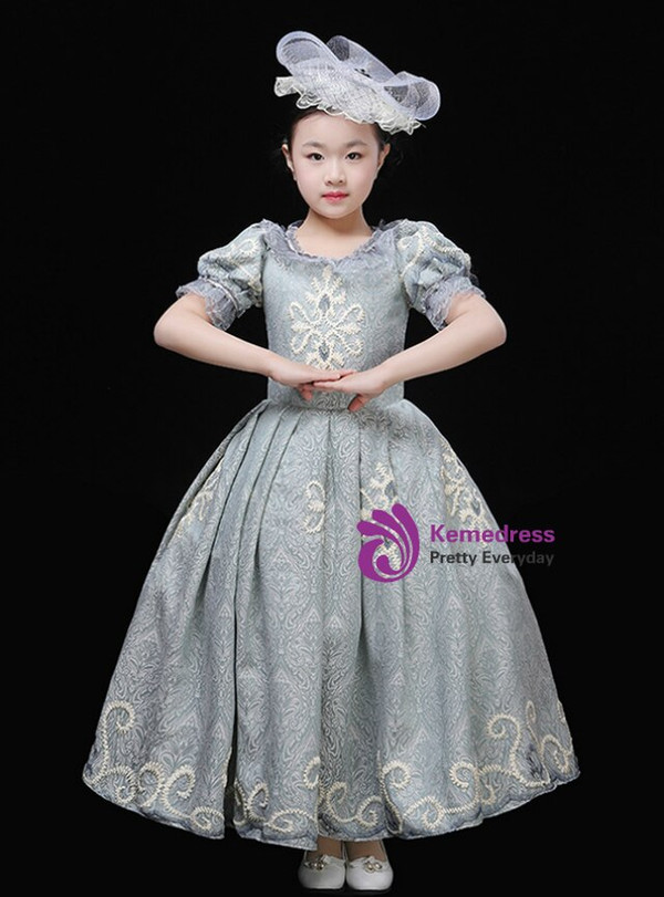 Blue Lace Puff Sleeve Drama Show Baroque Party Dress