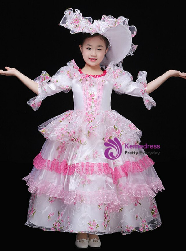 White Organza Pink Lace Puff Sleeve Drama Show Baroque Dress