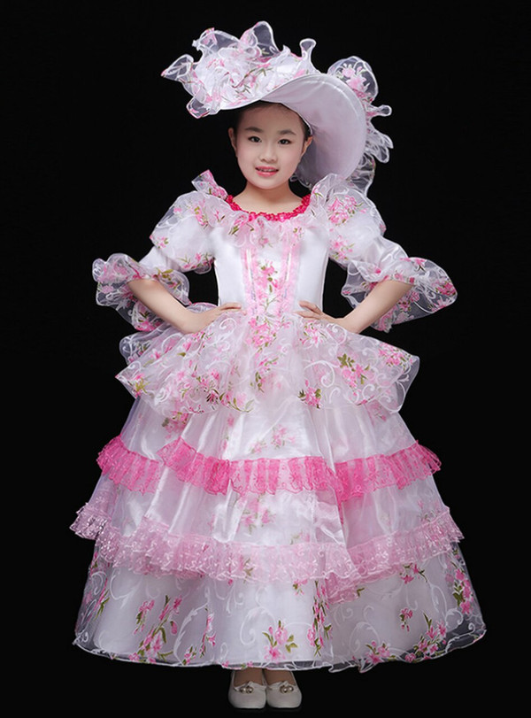 White Organza Pink Lace Puff Sleeve Drama Show Baroque Dress