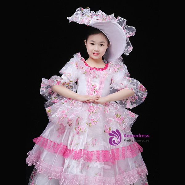 White Organza Pink Lace Puff Sleeve Drama Show Baroque Dress