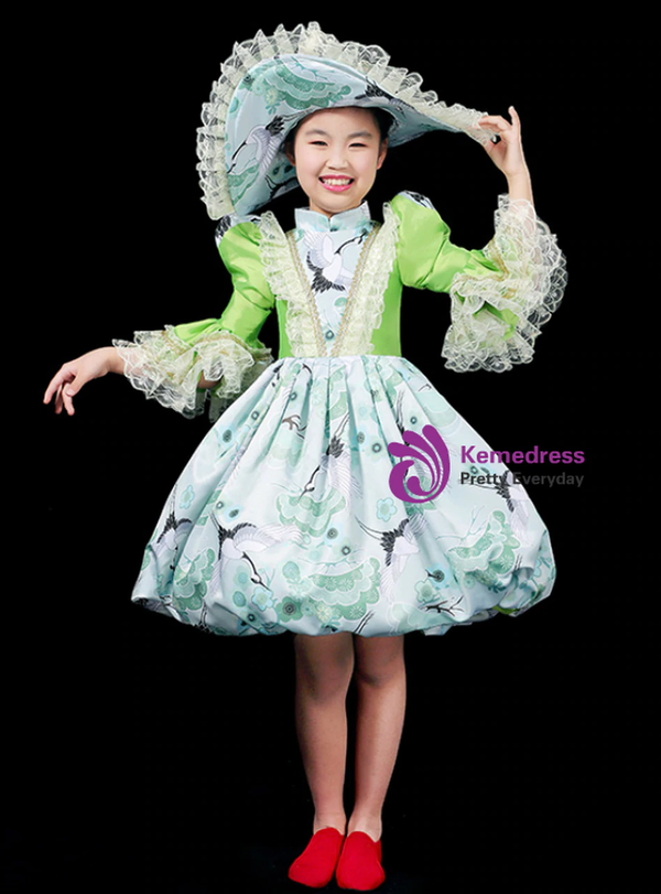 Blue Satin Print Long Sleeve Girl Drama Show Antonietta Dress