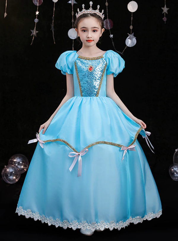 Blue Satin Puff Sleeve Sequins Lace Rococo Baroque Costume Party Dress