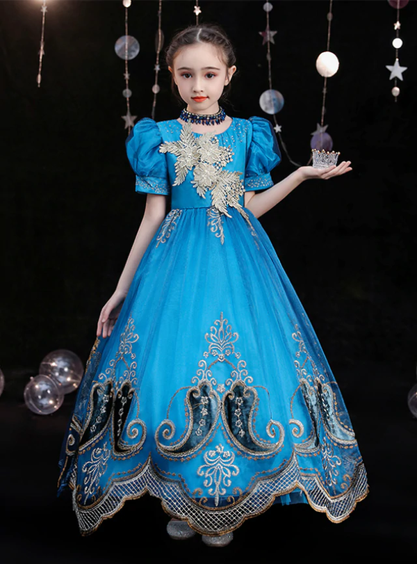 Blue Tulle Lace Appliques Beading Puff Sleeve Rococo Baroque Dress