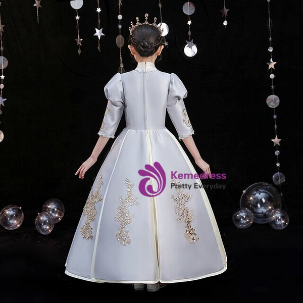 Gray Satin High Neck Short Sleeve Lace Appliques Vintage Dress