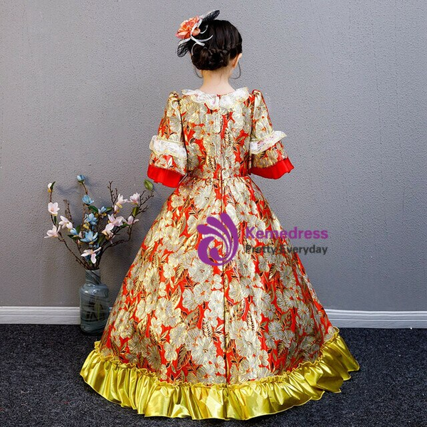 Red Short Sleeve Lace Rococo Baroque Vintage Victorian Party Dress