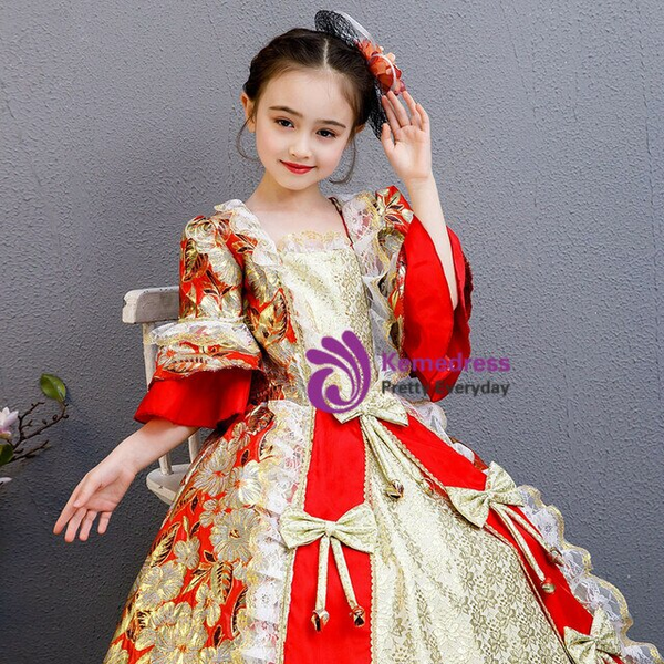 Red Short Sleeve Lace Rococo Baroque Vintage Victorian Party Dress