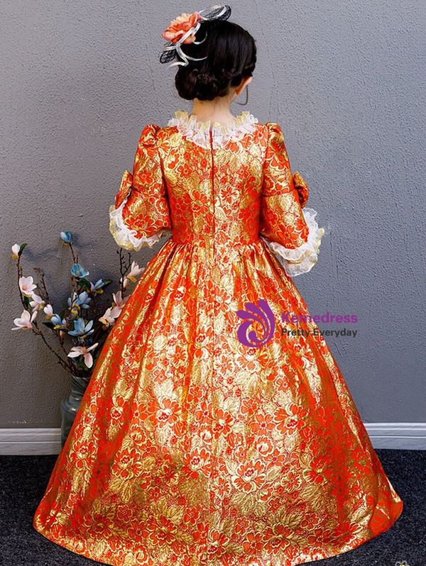 Red Gold Square Short Sleeve Vintage Costume Party Dress 