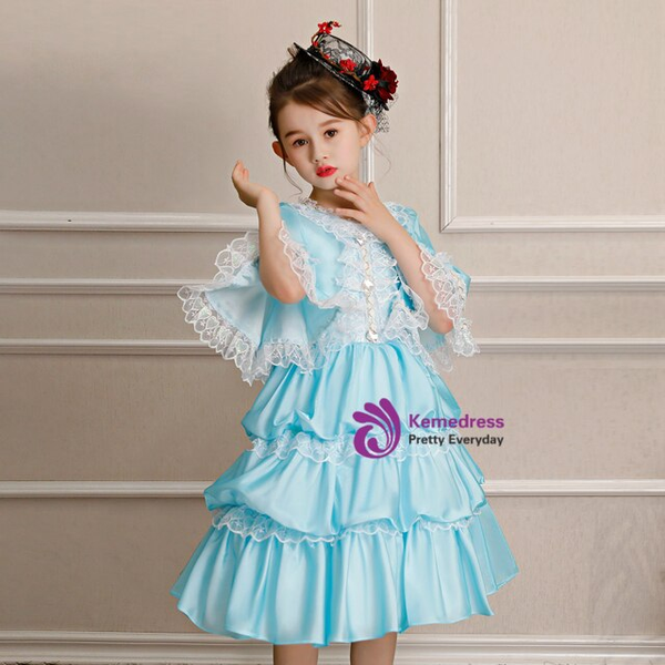 Blue Satin Lace Short Sleeve Maria Rococo Baroque Vintage Dress