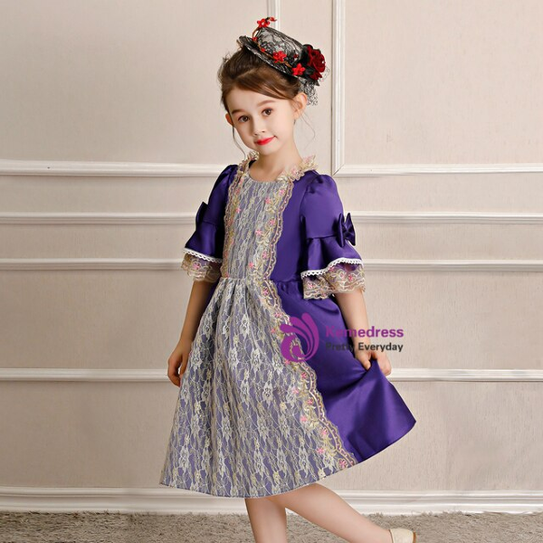 Purple Satin Lace Knee Length Short Sleeve Rococo Baroque Dress